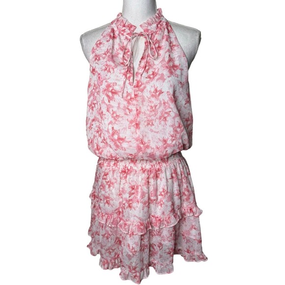 Mustard Seed Smocked Blouson Mini Dress Sleeveless Pink Ruffles Tiered Medium a6 - Picture 1 of 7